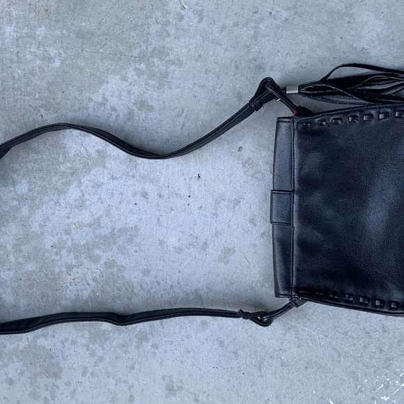 Black Faux Leather Cross Body Purse with Silver and Teal Boho Front with Fringe - Picture 3 of 6